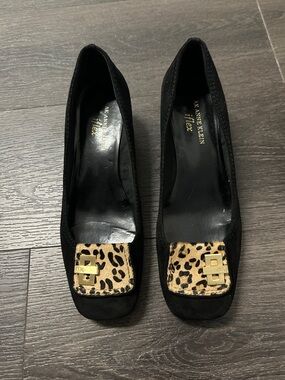 Anne Klein Black Wedge with Leopard Toe and Gold Accent